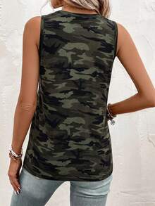 SHEIN Clasi 女款V領迷彩休閒百搭日常上衣 - 軍綠色 - 查看 2
