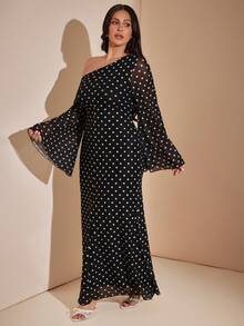 SHEIN BAE CURVE Plus Size Women's Black And White Asymmetrical Shoulder Dress, Elegant 90s For Party Cocktail Wedding Guest Evening Formal, Work, Autumn Wedding Fall - Black - View 3