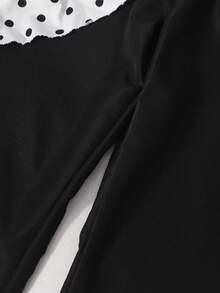 SHEIN 2件組女款春夏新款休閒通勤套裝，圓領短袖寬鬆波點上衣配蝴蝶結裝飾，搭配簡約百搭黑色梭織直筒長褲，適合日常出遊 - 黑色 - 查看 7