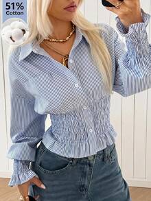 SHEIN EZwear 女款休閒法式優雅海濱風通勤城市度假辦公室藍白條紋抓皺腰上衣 教師節秋季 - 藍色 - 查看 8