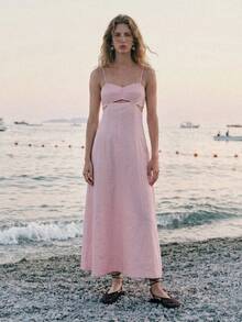 MOTF PREMIUM VACATION LINEN SPAGHETTI STRAP HOLLOW WAIST BACKLESS A-LINE DRESS SPRING SUMMER - Pink - View 4