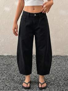 SHEIN 青少年女孩黑色牛仔寬鬆寬腿褲 秋冬休閒度假 Y2K 牛仔女郎萬聖節返校穿搭 - 黑色 - 查看 4
