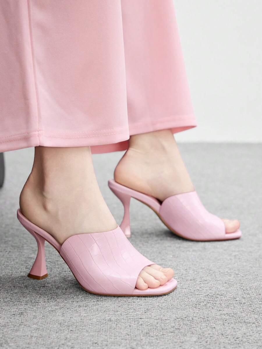 CUCCOO BIZCHIC 女款新款法式時尚露趾方頭細高跟拖鞋，粉色氣質優雅高級感百搭仙女風 - 藕粉色 - 查看 1