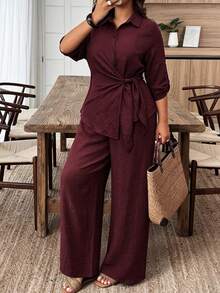 Weeklong Damen Große Größen Frühling/Herbst Lässig Hemd mit Revers, geraffter Taille und lockeren Hosen 2-teiliges Set, geeignet für Alltag und Büro - Bordeaux - Übersicht 6
