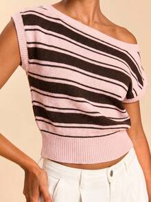 Travachic Women's Colorblock Pink Stripe Asymmetric Collar Knit Top Everyday Date Summer Retro Vintage 70s 70s Retro Casual - Multicolor - View 7