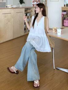 DAZY 女款韓式風格純色休閒荷葉邊背心上衣 夏季 - 白色 - 查看 3