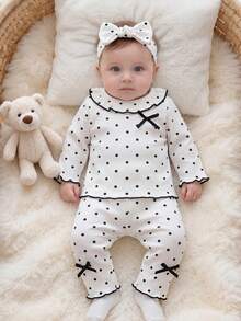 SHEIN Newborn Baby Girls Outfit, Spring Autumn Polka Dot Ribbed Ruffle Bow Clothes Set - Black and White - View 5