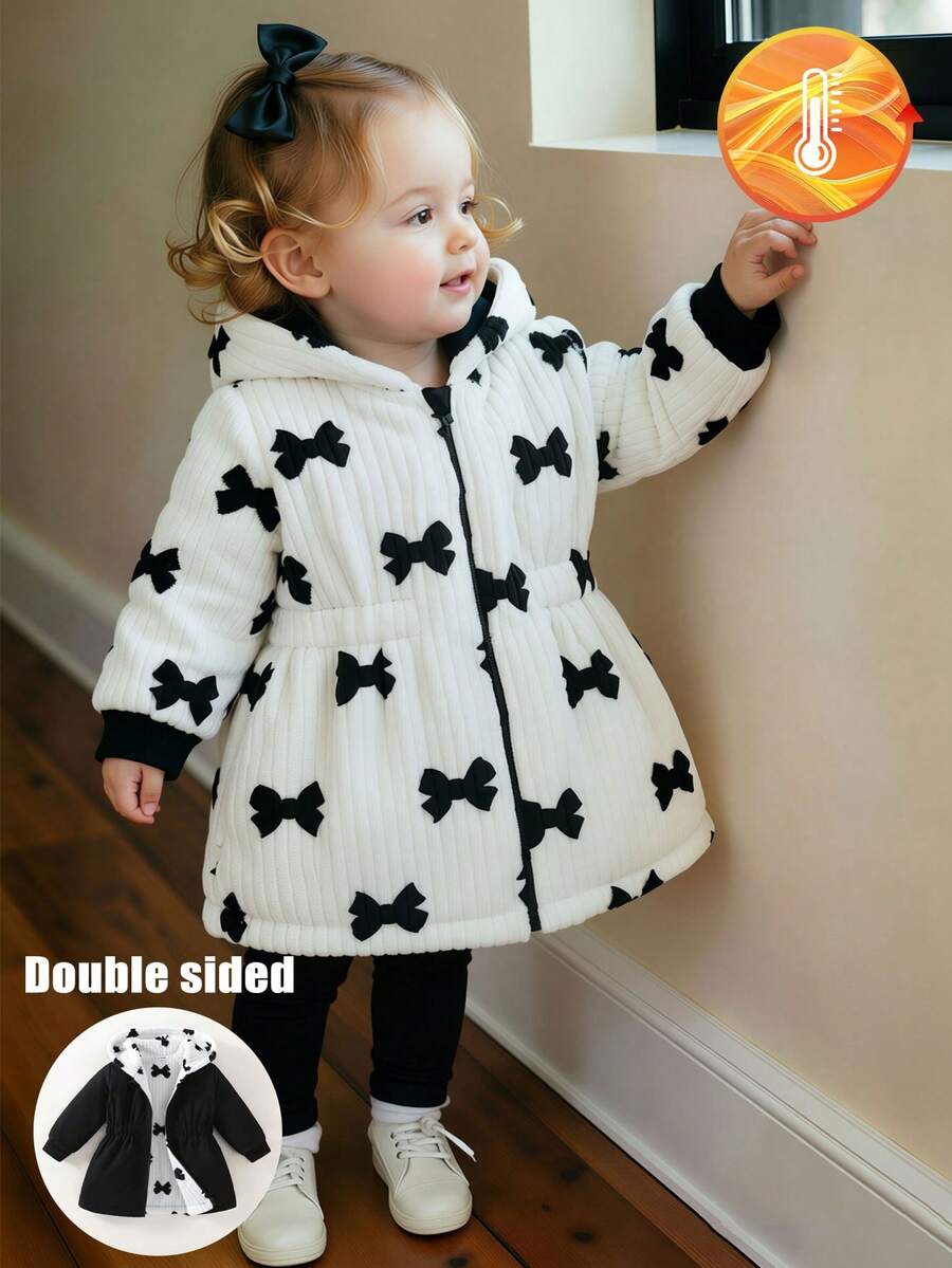 SHEIN Playful Pals Reversible Baby Girl Autumn/Winter Bow Plush Flannel All-Match Versatile Casual Thickened Waist-Cinching Long Coat Warm Jacket