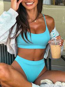 SHEIN Swim 2026女款夏季海灘純色性感時尚比基尼兩件式泳衣套裝 - 藍色 - 查看 4