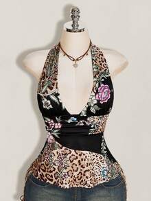 SHEIN ICON 女款中式拼接色豹紋花卉露背掛脖上衣 - 黑色 - 查看 7