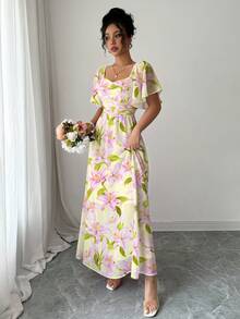 Modelyn Women's Chiffon Printed Batwing Sleeve Drawstring Sweet French Style Charming Dress, Spring/Summer - Yellow - View 4
