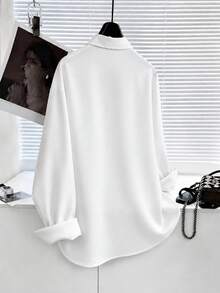 SHEIN 1件青少年女孩翻領長袖鈕扣襯衫，胸前刺繡圖案，休閒上衣，秋季 - 白色 - 查看 2