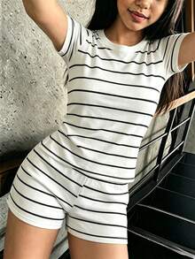 青少年女孩2件套T恤短褲休閒套裝，開學穿搭，修身，條紋，健身瑜伽，柔軟舒適，女孩夏季針織服飾 - 彩色 - 查看 3
