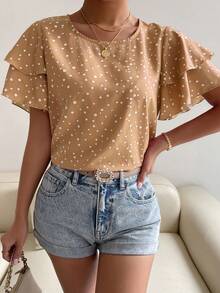 SHEIN Holidaya 女款圓領波點印花荷葉邊短袖襯衫 - 卡其色 - 查看 7