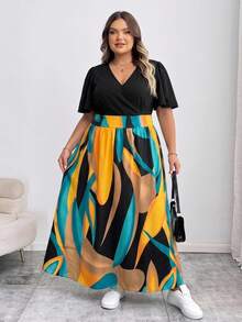 SHEIN CURVE+ Vestido de Talla Grande con Estampado de Bloques de Color y Patchwork - Multicolor - Ver 4