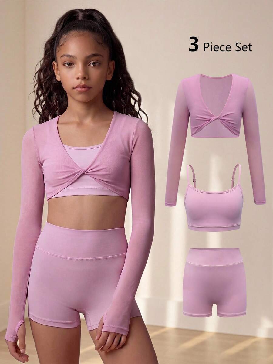 SHEIN 少女粉色三件套运动套装——背心、短裤和运动上衣组合,高弹亲肤面料,适合舞蹈训练、瑜伽练习和日常运动。 - 粉色 - 查看 1