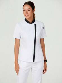TaskEZ Women's Colorblock Casual Daily Chef Scrub Uniform Scrub Short Sleeve Top - Black and White - View 6
