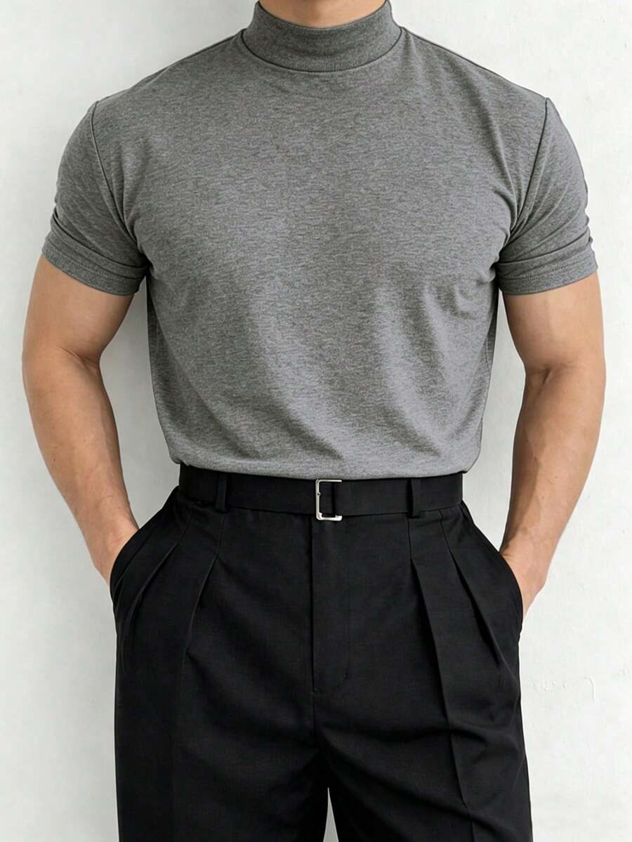 Manfinity Dauomo 男士休閒百搭純色立領短袖T恤 - 灰色 - 查看 1
