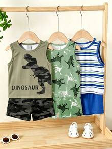 Conjunto de 3 piezas de camisetas sin mangas cómodas con estampado de dibujos animados simple y casual para niños pequeños, adecuado para primavera y verano - Multicolor - Ver 4