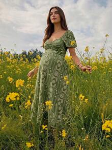 Boho Mama Maternity Floral Print Twisted Design Short Petal Sleeve Dress - Green - View 3