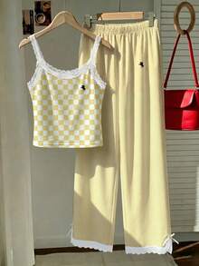 SHEIN EZwear 女士休闲黄色蕾丝边吊带背心和条纹裤两件套，返校季米黄色两件套 - 淡黃色 - 查看 6