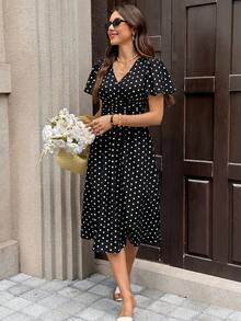 SHEIN Frenchy 女款黑白波點V領荷葉邊短袖優雅法式復黎風度假夏季洋裝 - 黑色 - 查看 7