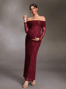 Cheriluna Maternity Maternity Off-Shoulder Long Sleeve Fitted Elegant Lace Photography Dress - Burgundy - View 1