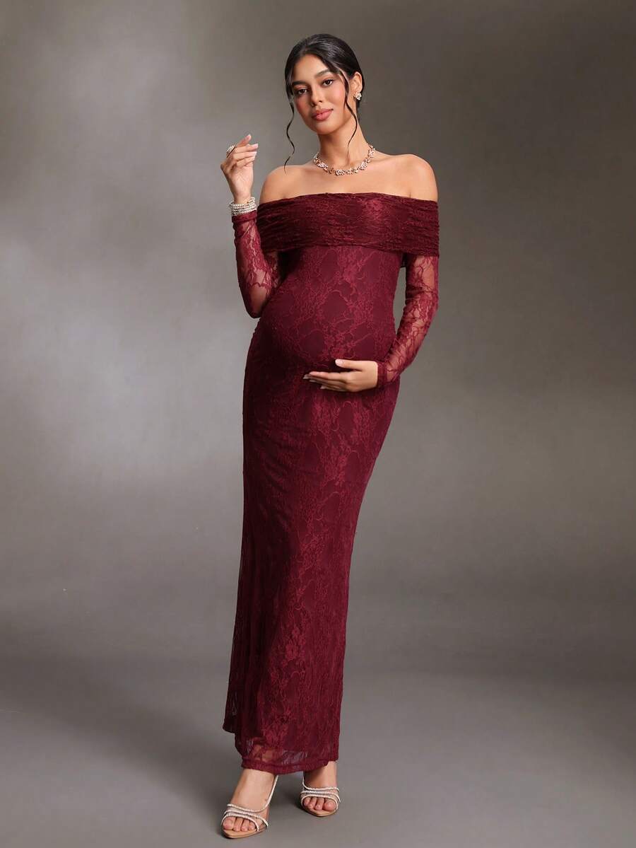 Cheriluna Maternity Maternity Off-Shoulder Long Sleeve Fitted Elegant Lace Photography Dress - Burgundy - View 1
