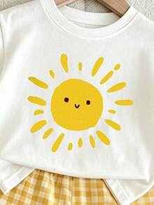(1 RANDOM SET) Baby GirlMinimalist Cherry Banana Little Sun Pattern Basic Short T-Shirt And Plaid Shorts Set, Summer Daily Comfortable Outfit - Multicolor - View 4
