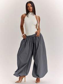 SHEIN BAE Women's Plaid Loose Lantern Sleeve Waist Tie Long Pants Vacation Black Gingham Autumn Casual - Navy Blue - View 5