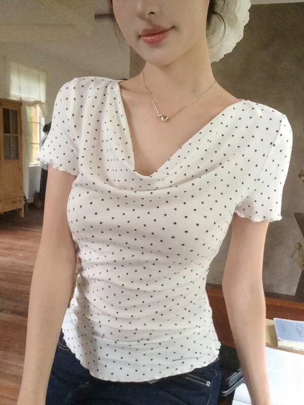 DAZY 女款圓領波點領結短袖T恤 夏季