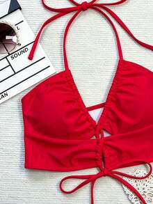 Swim SXY Solid Color Backless Halter Neck Swimsuit Top - Red - View 3