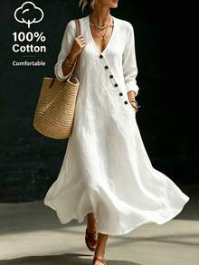 SHEIN Vestido Longo Feminino Primavera/Verão Novo Estilo Casual Minimalista Algodão Linho Branco Decote em V Assimétrico Manga Longa Solto, Feito de Tecido de Algodão Texturizado, Decote em V Profundo Assimétrico, Decoração com Botões Laterais e Silhueta Solta em A, Combinando Estética Minimalista e Elegância Relaxada, Adequado para Passeios Diários, Férias ou Ocasiões Casuais, Vestido Estilo Minimalista, Vestido Longo Branco Elegante - Branco - Visão 4