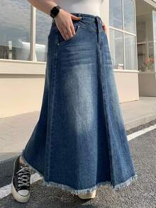 Dazy Plus 大尺碼水洗貓鬚磨邊長版A字牛仔裙，四季夏季皆宜 - 水鴨藍 - 查看 7