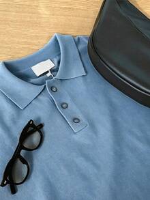 DAZY Summer Half-Button Solid Blue Commuter Men's Knit Top - Blue - View 6