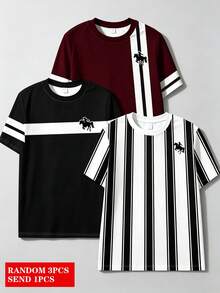 隨機 3 件發 1 件 春夏男童時尚新品，個性化騎士圖案拼色條紋短袖上衣，休閒舒適帥氣酷炫，吸睛夏日風格，適合拍照穿搭 - 彩色 - 查看 4