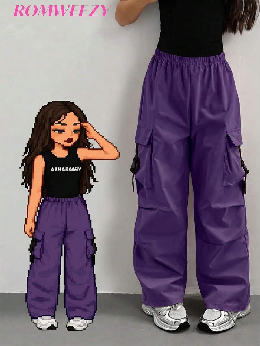SHEIN Sparklyn 少女纯色弹力腰带工装口袋褶裥休闲裤