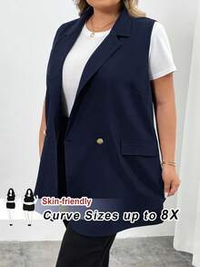 SHEIN CURVE+ 大尺碼翻領雙排扣背心西裝外套 工作服 畢業返校穿搭 - 藏蓝色 - 查看 2
