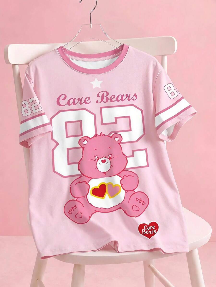 SHEIN X Care Bears 青少年女孩休閒簡約數字82卡通熊圖案短袖圓領T恤,適合秋冬穿著 - 彩色 - 查看 1
