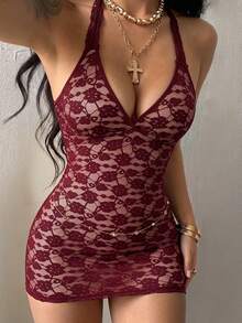 StreetHx Women's Punk Rock Lace Bodycon Halter Neck Dress - Burgundy - View 1