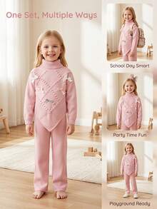 SHEIN Vintaside Kids 女童休閒公主娃娃風粉色花卉蝴蝶結尖擺高領針織毛衣＋寬腿褲兩件套，秋季穿搭 - 粉色 - 查看 8