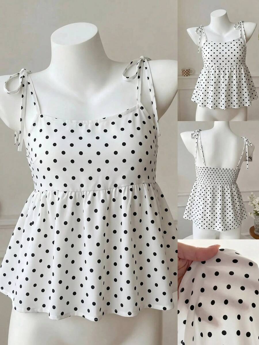 SHEIN Tween女孩休閒日常百搭舒適寬鬆波點襯衫 - 白色 - 查看 1