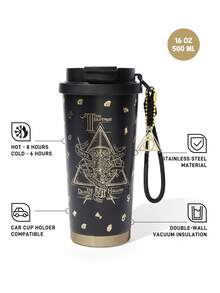 HARRY POTTER X SHEIN 500ml /16 Oz 真空保溫不鏽鋼杯，1個防漏蓋，適用於熱飲/冷飲，適用於大多數杯架 - 黑色 - 查看 3
