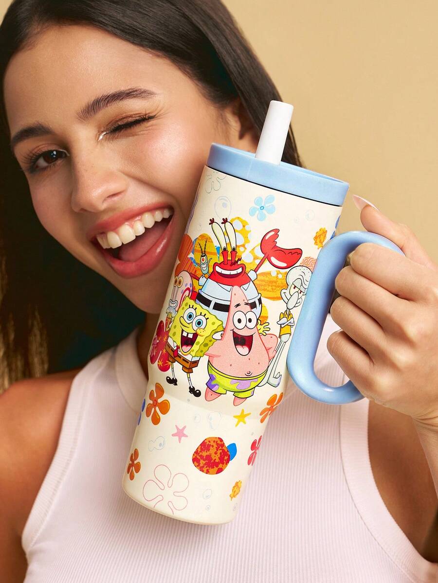 SpongeBob SquarePants | SHEIN 24盎司帶手柄保溫杯,真空隔熱水壺,不鏽鋼旅行隨行杯,車用杯 - 米白色 - 查看 1