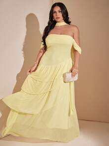 SHEIN BAE CURVE 大尺碼女款淺黃色荷葉邊浪漫長洋裝 - 黃色 - 查看 3