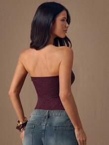 SHEIN BAE 女款優雅無肩帶蕾絲性感黃色修身束腰 - 黑色 - 查看 2