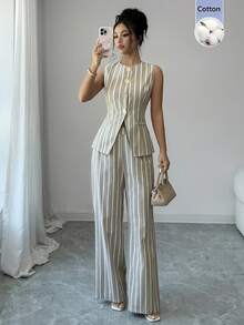 SHEIN Raffinéa 女款法式優雅度假休閒通勤金屬花朵鈕扣套裝 - 彩色 - 查看 1