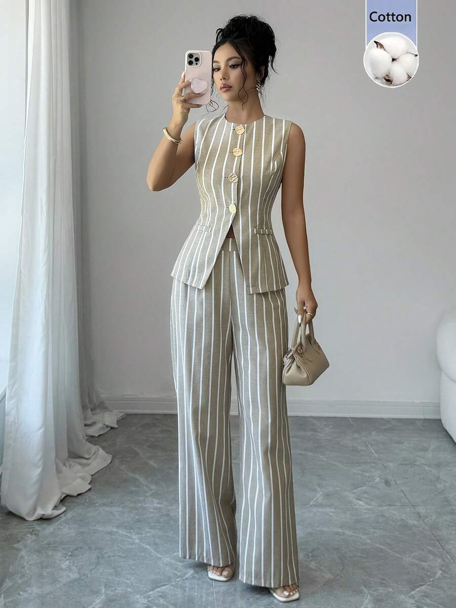 SHEIN Raffinéa 女款法式優雅度假休閒通勤金屬花朵鈕扣套裝 - 彩色 - 查看 1