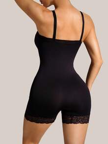 Barelissa 1pc Seamless Women's Daily Mesh Lace Patchwork Camisole Jumpsuit With Anti-Curl Hipster Leg, Thin - Black - View 2