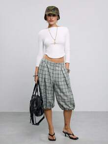 COUREZ Low Rise Balloon Cropped Parachute Trousers Adjustable Hem Y2K Casual Old Money 70's Inspired Capris For Women Summer Everyday Formal Work Grey Plaid - Multicolor - View 4